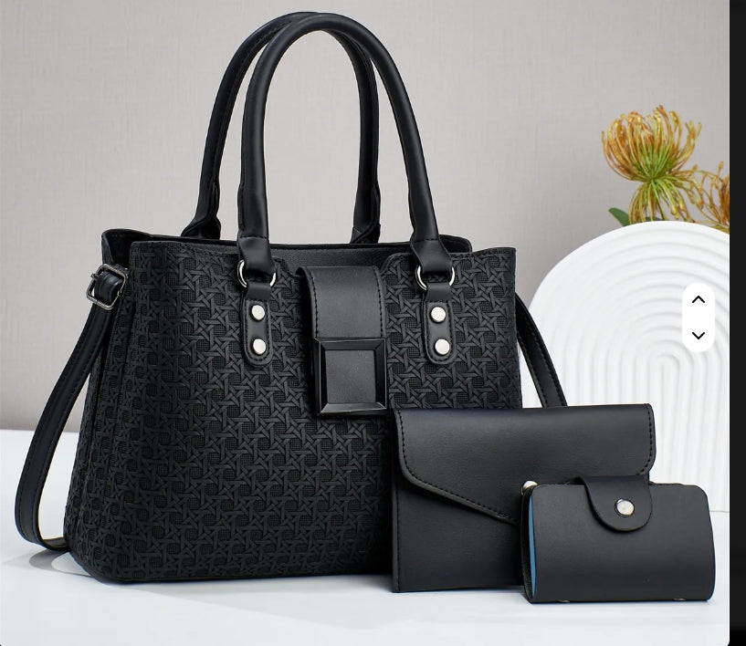 Woven-Pattern Tote Handbag Set – Black